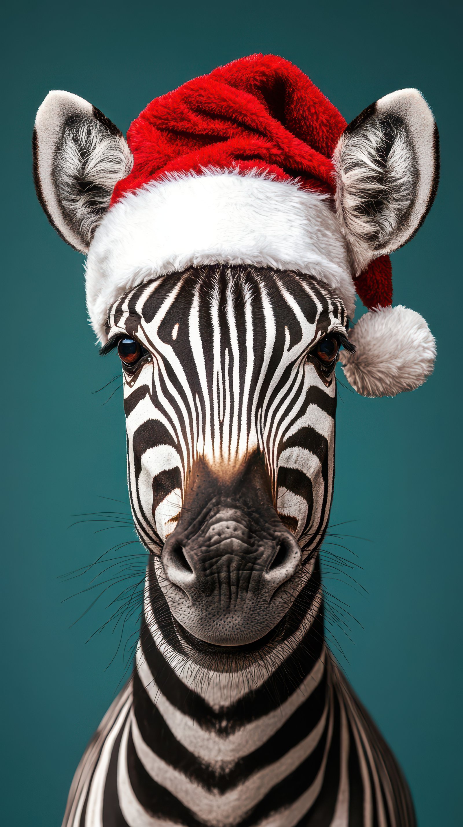 Zebra wearing a Santa hat with a playful expression against a colorful backdrop